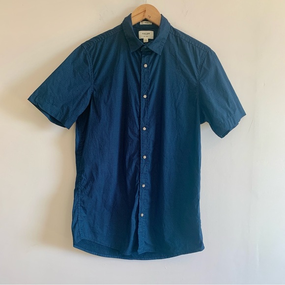 Julian & Mark Stretch Blue All Over Print Short Sleeve Button Shirt Small Tall - Picture 2 of 7